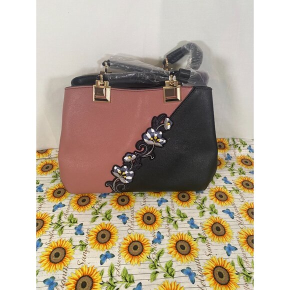 Elda Women's Shoulder Satchel with Embroidery Mauve & Black New w/o Tags - Picture 5 of 6